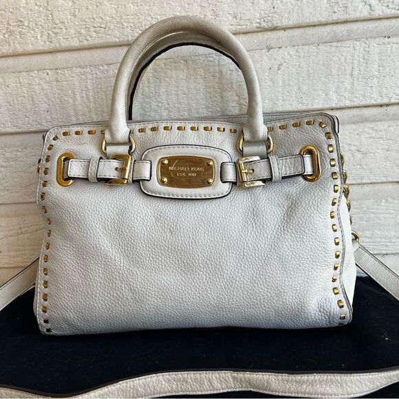MICHAEL KORS White Gold Hamilton Satchel Tote Handbag Jet Set Raven Fulton - Picture 1 of 11